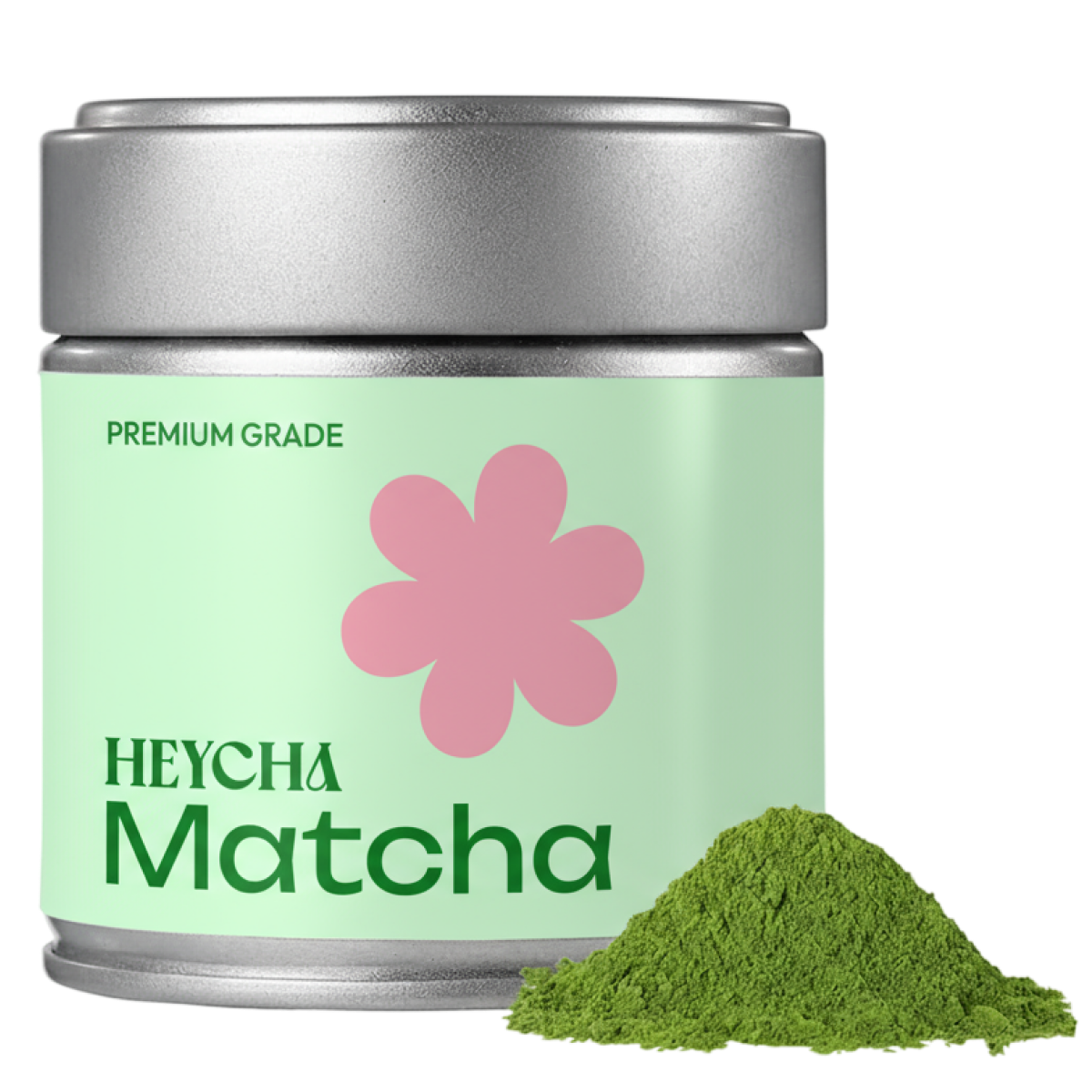 HEYCHA Matcha container with green powder on a white background